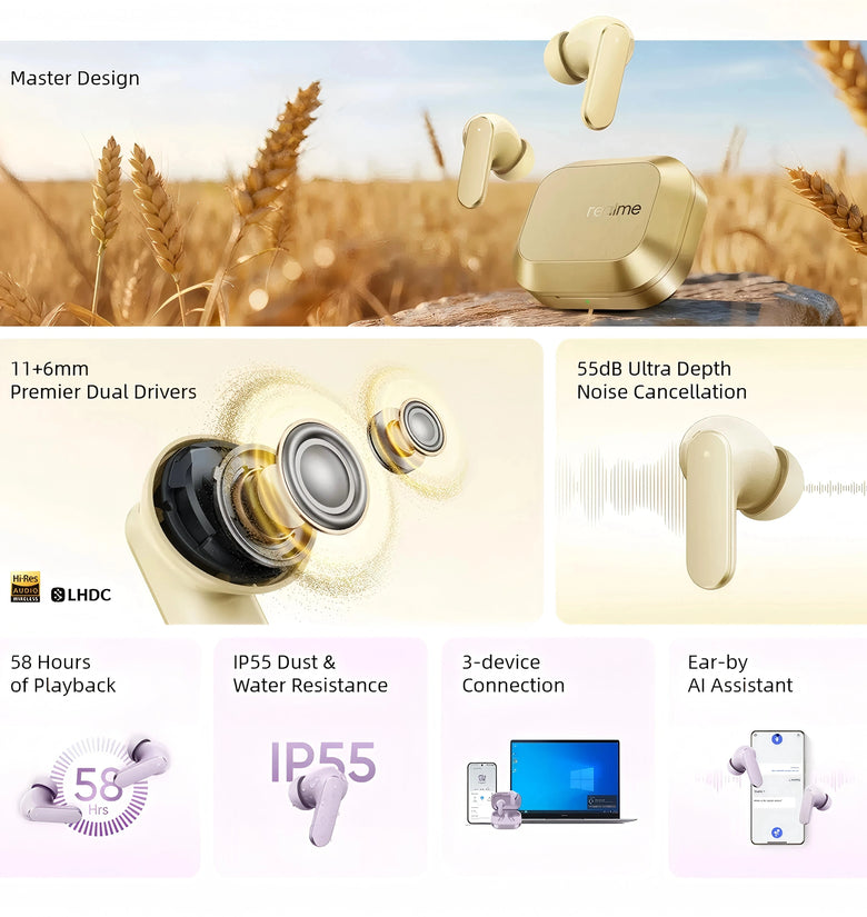 Realme Buds Air 8 TWS bluetooth 5.4 Earbuds ANC Earphone 55dB Depth Noise Cancelling 6-Mic Noise Reduction 11+6mm Premier Dual Drivers 3D Spatial Audio Low Latency IP55 Waterproof In-ear Sports Headphones