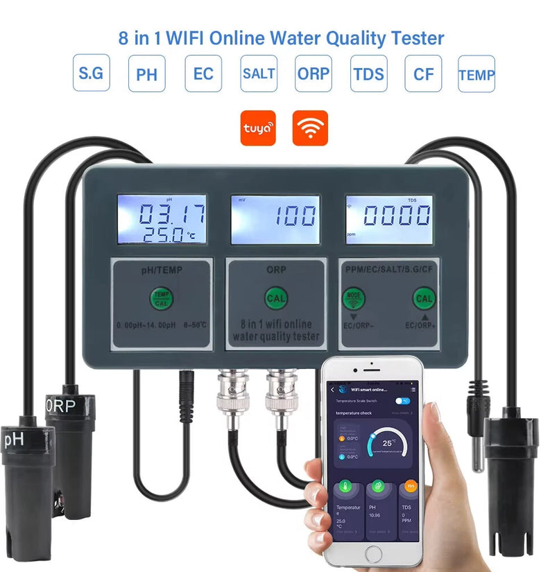 WiFi Tuya Smart Water Quality Tester PH ORP TDS EC SALT S.G TEMP CF Monitor Controller Aquarium Water Quality Tester Data Logger