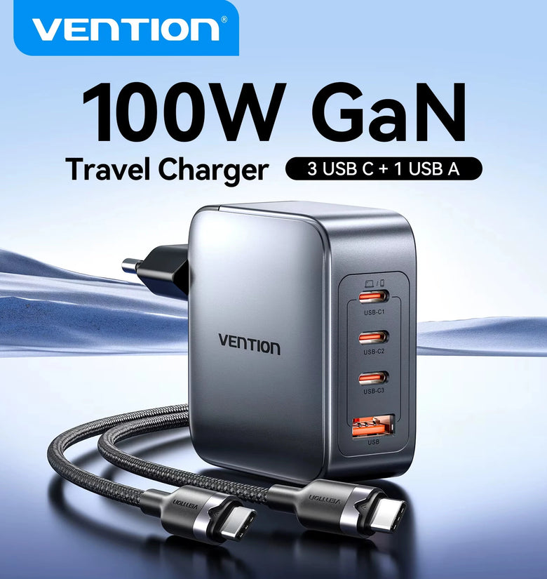 [GaN Tech] Vention TZ-FET-EU 100W 4-Port USB PD Charger USB-A+3USB-C Fast Charging Wall Charger Adapter EU Plug for iPhone 17 17Pro 16 Pro Max 15 14 13 for Xiaomi 17pro for SAMSUNG Galaxy Z Fold 7 for OPPO for VIVO