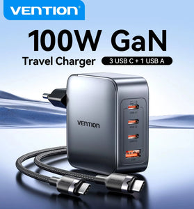 [GaN Tech] Vention TZ-FET-EU 100W 4-Port USB PD Charger USB-A+3USB-C Fast Charging Wall Charger Adapter EU Plug for iPhone 17 17Pro 16 Pro Max 15 14 13 for Xiaomi 17pro for SAMSUNG Galaxy Z Fold 7 for OPPO for VIVO
