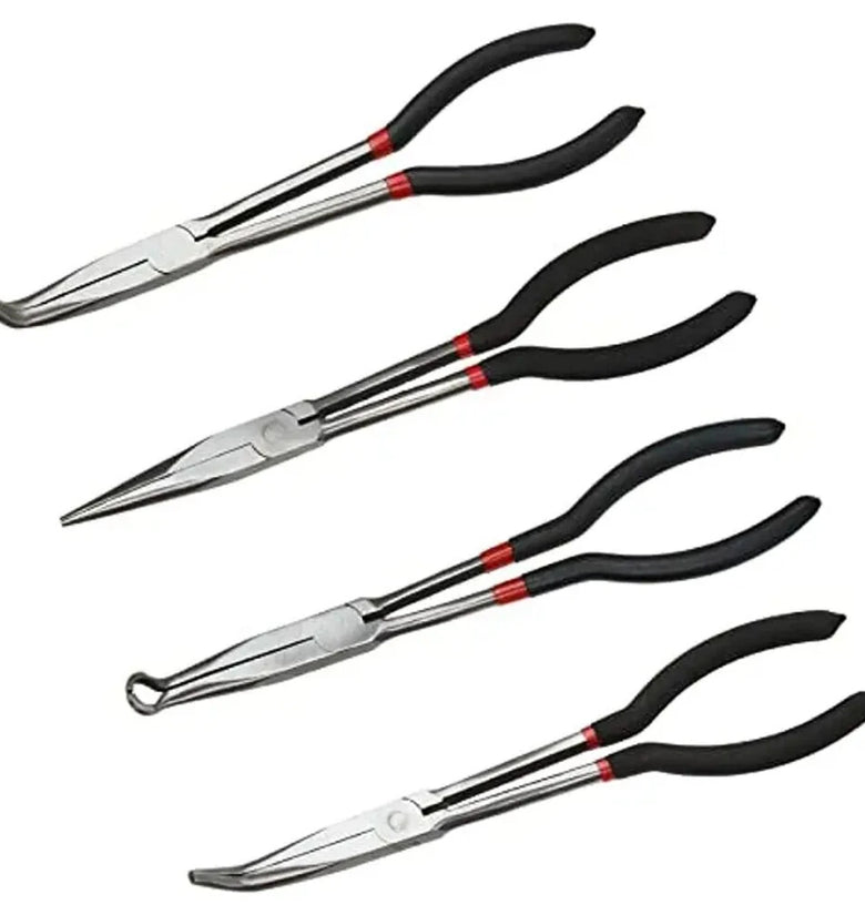 4PCS Long Needle Nose Pliers Set 11 Inch Carbon Steel with Rubber-Coated Grips for Automotive Repair Jewelry Making Crafting