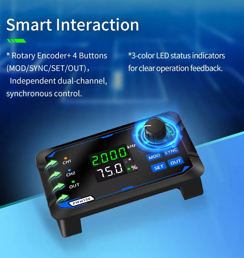 JUNCTEK Dual-Channel PWM 150 SqW Pulse Signal Generator Adjustable Frequency 1Hz-150kHz 0%-100% Duty Cycle 360 Phase Control Servo Motor Drive Portable Compact Design