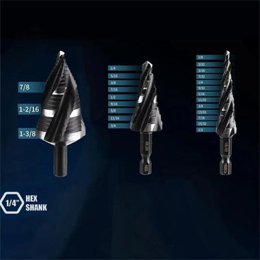 High Speed Steel Titanium Step Drill Bit Set 3PCS Spiral Flutes Hex Shank for Metal Works Drilling