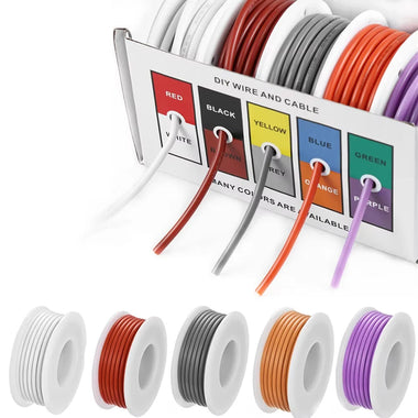 18/20/22/24AWG 5 Colors Mix Box Super Soft Silicone Wire 5M/roll Heat Resistant Flexible Tinned Copper Stranded Cable 5-in-1 Box DIY Electirc Wire White Brown Gray Orange Purple