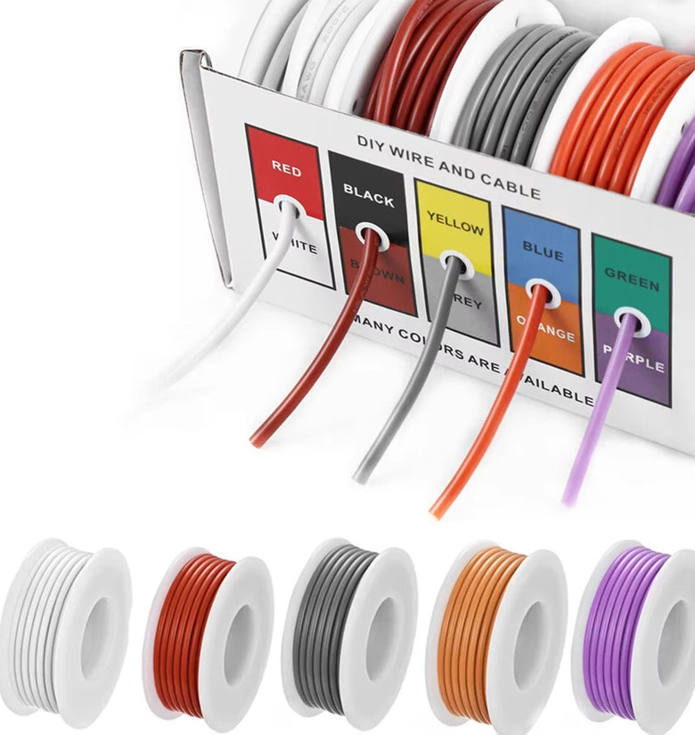 18/20/22/24AWG 5 Colors Mix Box Super Soft Silicone Wire 5M/roll Heat Resistant Flexible Tinned Copper Stranded Cable 5-in-1 Box DIY Electirc Wire White Brown Gray Orange Purple