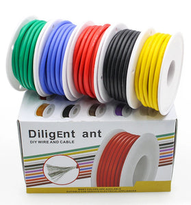 5 Colors Mix Box 5m/roll Electirc Wire 18/20/22/24AWG Super Soft Silicone Wire Heat Resistant Flexible Tinned Copper Stranded Cable DIY Red Black Yellow Blue Green