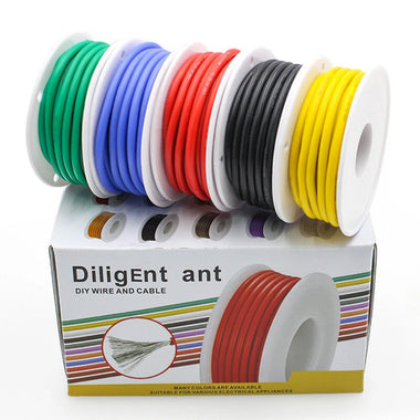 5 Colors Mix Box 5m/roll Electirc Wire 18/20/22/24AWG Super Soft Silicone Wire Heat Resistant Flexible Tinned Copper Stranded Cable DIY Red Black Yellow Blue Green