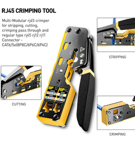 RJ45 Crimp Tool Kit Cat6 Cat5e Network Cable Tester Pass Through Connectors Wire Cutter Mini Stripper Strain Relief Boots 1000m Test Distance Crimping Cutting Stripping Tools