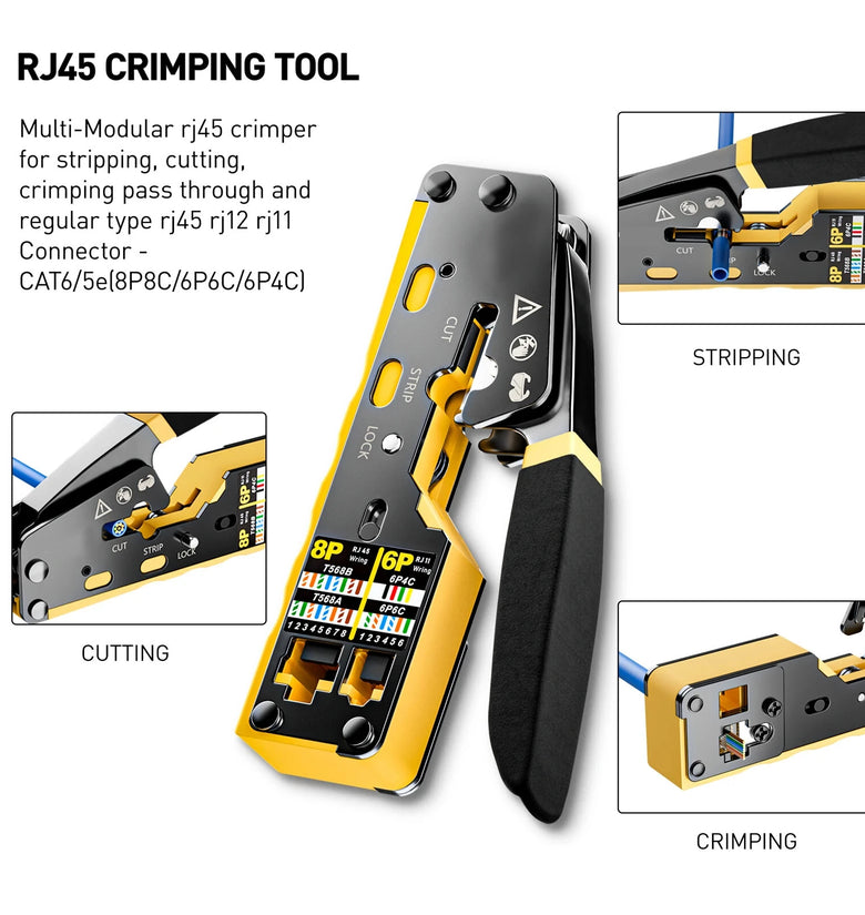 RJ45 Crimp Tool Kit Cat6 Cat5e Network Cable Tester Pass Through Connectors Wire Cutter Mini Stripper Strain Relief Boots 1000m Test Distance Crimping Cutting Stripping Tools