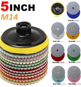 8pcs 5 inch 125mm Diamond Polishing Pads Kit Wet/Dry for Granite Stone Concrete Marble Polishing Use Grinding Discs Set M14