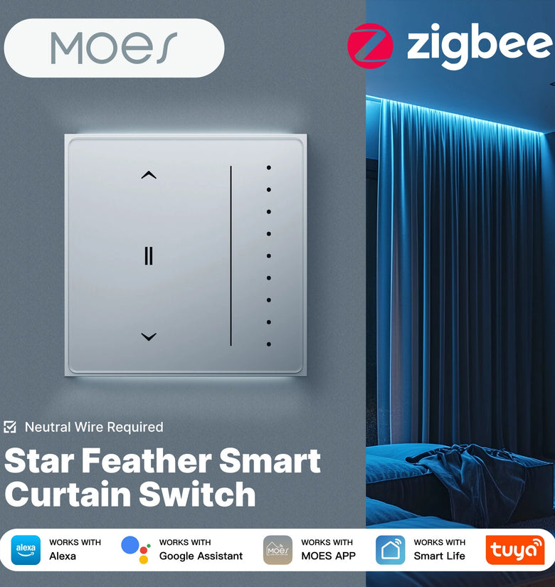 MOES Tuya Star Feather Series Zigbe Smart Curtain Switch Anti-Glare Touch Panel Flowing Backlight Work with Alexa Google Home