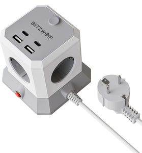 BlitzWolf BW-EC1 8-in-1 Vertical Cube EU Socket Plug Power Outlet Extender with 4 AC Outlets / 2 USB-A / 2 USB-C for MacBook iPad Game Office Home