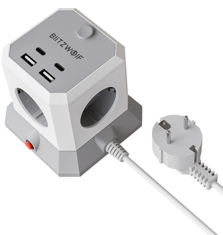 BlitzWolf BW-EC1 8-in-1 Vertical Cube EU Socket Plug Power Outlet Extender with 4 AC Outlets / 2 USB-A / 2 USB-C for MacBook iPad Game Office Home