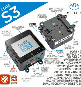 M5Stack CoreS3 ESP32S3 IoT Development Kit ESP32-S3 Dual Core 240MHz 16MB Flash 8MB PSRAM Touchscreen WiFi Camera Sensors