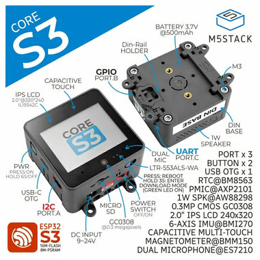 M5Stack CoreS3 ESP32S3 IoT Development Kit ESP32-S3 Dual Core 240MHz 16MB Flash 8MB PSRAM Touchscreen WiFi Camera Sensors