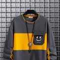 ChArmkpR Mens Smile Face Print Patchwork Crew Neck Pullover Sweatshirts