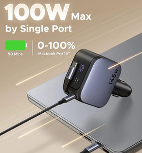 Ugreen 145W 4-Port USB PD Car Charger Adapter with Integrated USB-C Cable 2USB-C+USB-A QC3.0 PD 3.0 QC 3.0 PPS SCP  Fast Charging for iPhone 16 16 Pro 15 14 13 Pro Max for Huawei Pura 80 Ultra for Samsung Galaxy Z Fold7 for XIAOMI