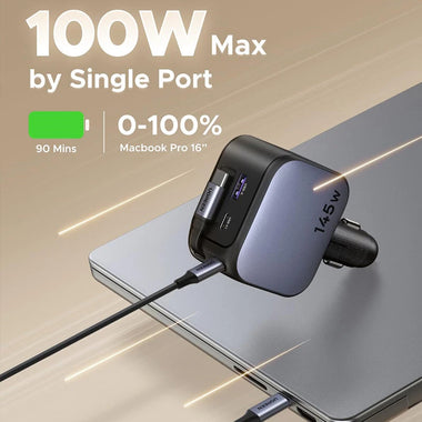 Ugreen 145W 4-Port USB PD Car Charger Adapter with Integrated USB-C Cable 2USB-C+USB-A QC3.0 PD 3.0 QC 3.0 PPS SCP  Fast Charging for iPhone 16 16 Pro 15 14 13 Pro Max for Huawei Pura 80 Ultra for Samsung Galaxy Z Fold7 for XIAOMI