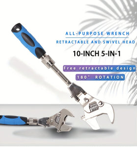 10-Inch 5-in-1 Adjustable Telescopic Ratchet Wrench Multi-Function Tool Retractable Handle 180 Swivel Head Stainless Steel