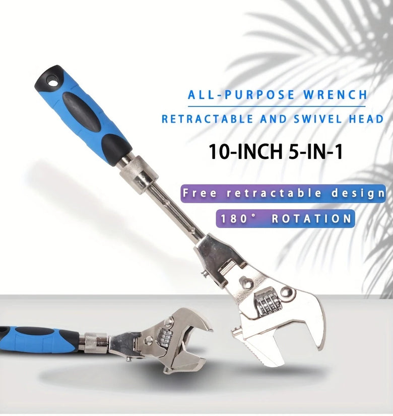 10-Inch 5-in-1 Adjustable Telescopic Ratchet Wrench Multi-Function Tool Retractable Handle 180 Swivel Head Stainless Steel