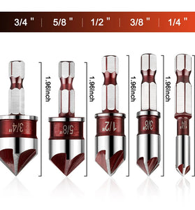 5Pcs Drill Bit Set Premium Countersink Drill Bit with 82-Degree 5 Flutes Quick-Change Hex Shank 1/4 Inch to 3/4 Inch Size for Wood Metal Plastic