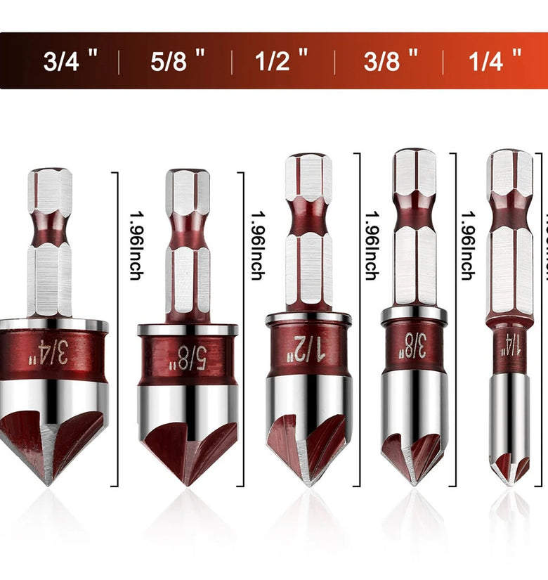 5Pcs Drill Bit Set Premium Countersink Drill Bit with 82-Degree 5 Flutes Quick-Change Hex Shank 1/4 Inch to 3/4 Inch Size for Wood Metal Plastic