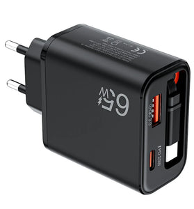 [GaN Tech] PD65W 2-Port USB PD Charger with Type-C Retractable Cable+USB-A+USB-C PD QC3.0 Fast Charging Wall Charger Adapter EU Plug for iPhone 17 17 Pro 16 Pro Max 15 14 13 for Xiaomi 17pro for OPPO for Huawei Mate XTs
