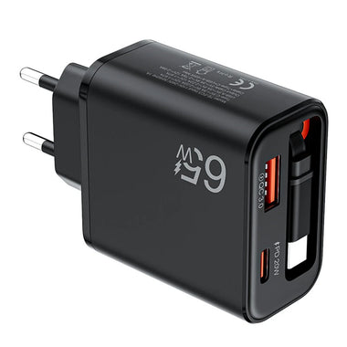 [GaN Tech] PD65W 2-Port USB PD Charger with Type-C Retractable Cable+USB-A+USB-C PD QC3.0 Fast Charging Wall Charger Adapter EU Plug for iPhone 17 17 Pro 16 Pro Max 15 14 13 for Xiaomi 17pro for OPPO for Huawei Mate XTs