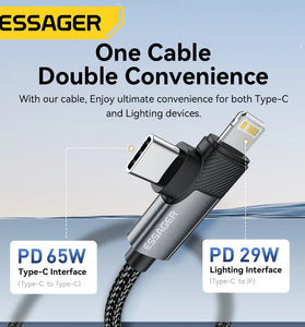 ESSAGER ES-X59 65W Type-C to Type-C+iP Cable PD Fast Charging Data Transmission Copper Core Line 1M/2M Long for iPhone 15 Plus 14 13 for Huawei Pura 70 Ultra for Xiaomi Civi 4 Pro