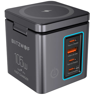 [GaN Tech] Blitzwolf BW-i113 105W 6-in-1 Desktop Charging Station with Wireless Charger PD QC Fast Charging with LED Light EU Plug for iPhone 16 16 Pro 15 14 13 Pro Max for iPad Pro for Macbook Pro for Airpods for Apple Watch