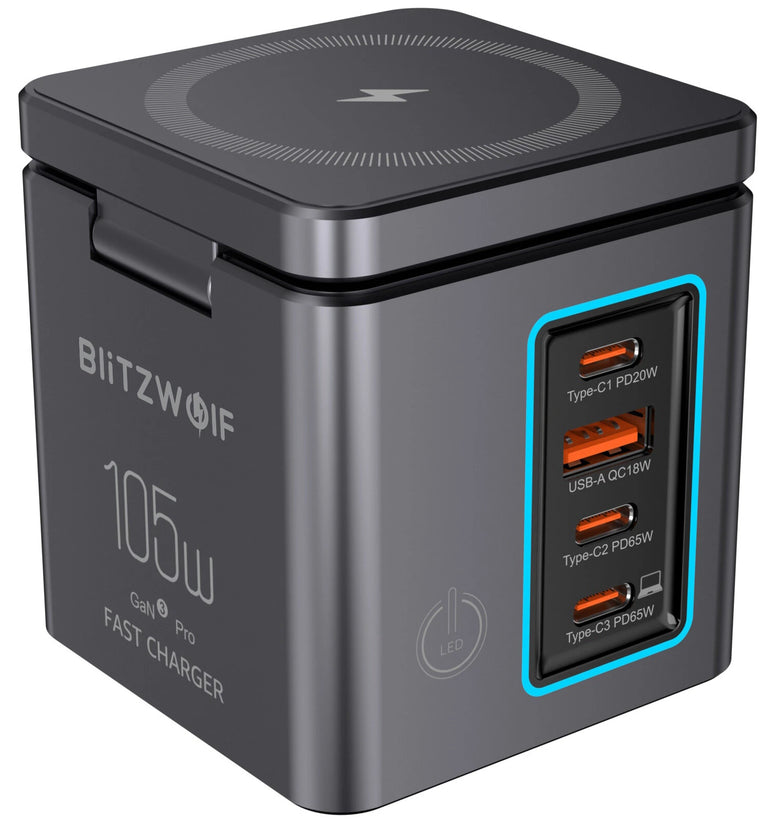 [GaN Tech] Blitzwolf BW-i113 105W 6-in-1 Desktop Charging Station with Wireless Charger PD QC Fast Charging with LED Light EU Plug for iPhone 16 16 Pro 15 14 13 Pro Max for iPad Pro for Macbook Pro for Airpods for Apple Watch