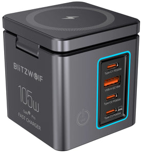 [GaN Tech] Blitzwolf BW-i113 105W 6-in-1 Desktop Charging Station with Wireless Charger PD QC Fast Charging with LED Light EU Plug for iPhone 16 16 Pro 15 14 13 Pro Max for iPad Pro for Macbook Pro for Airpods for Apple Watch