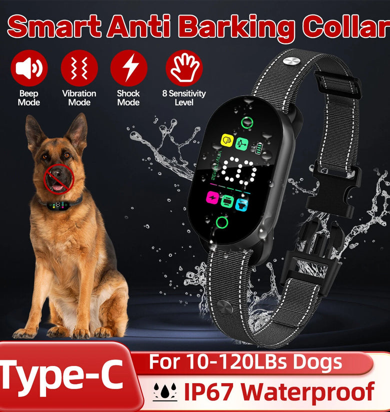 PB20 Smart Dog Training Collar Anti Barking Intelligent Automatic Adjustable Sensitivity Beep Shock Vibrator IP67 Waterproof Type-C Charging for Dog 10-120LBs