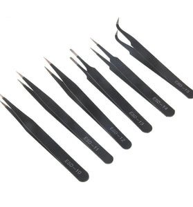 6PCS ESD10-15MM Stainless Steel Tweezers Industrial Curved Straight Repair Tools Tweezers