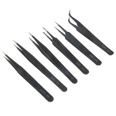 6PCS ESD10-15MM Stainless Steel Tweezers Industrial Curved Straight Repair Tools Tweezers