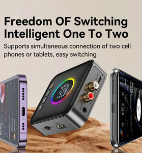 3 in 1 Digital Display bluetooth 5.4 Audio Transmitter Receiver FM Modulator Transmitter 3.5MM AUX RCA USB Type-C Multi-point Interface RGB Light Driver-free for Phone Tablet TV Speaker