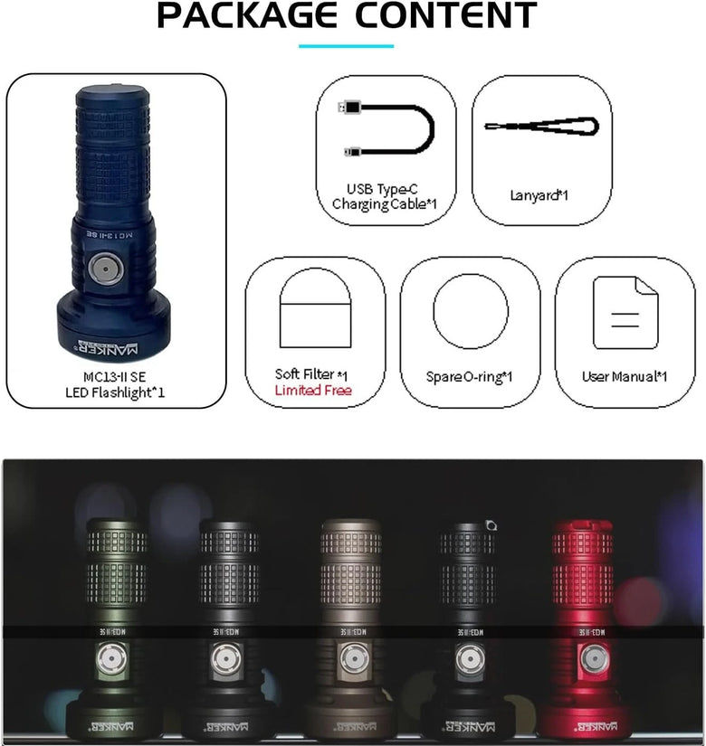 Manker MC13 II SE 4500LM High Lumens Rechargeable Flashlights 665 Meters Super Bright Magnetic LED Torch 18350/18650 Battery Convertible Extendable Body Design for Emergencies Camping Searching