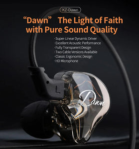 KZ Dawns Dynamic Earphones In-ear Monitor Earbuds 10mm Super-linear Dynamic Driver HiFi Bass Sports Music Earphones Ergonomics Headset with HD Microphones