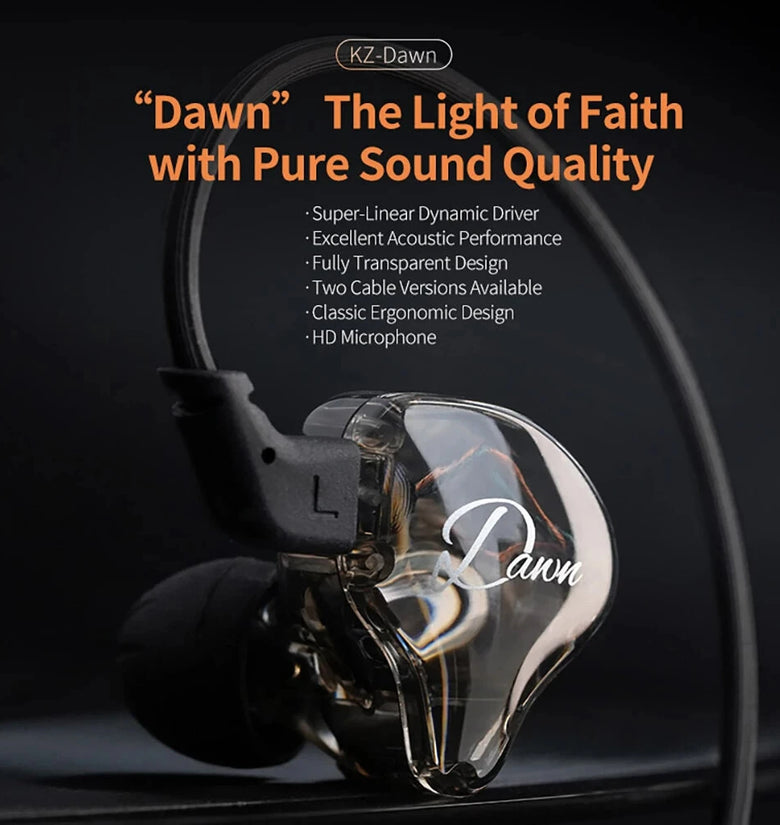 KZ Dawns Dynamic Earphones In-ear Monitor Earbuds 10mm Super-linear Dynamic Driver HiFi Bass Sports Music Earphones Ergonomics Headset with HD Microphones