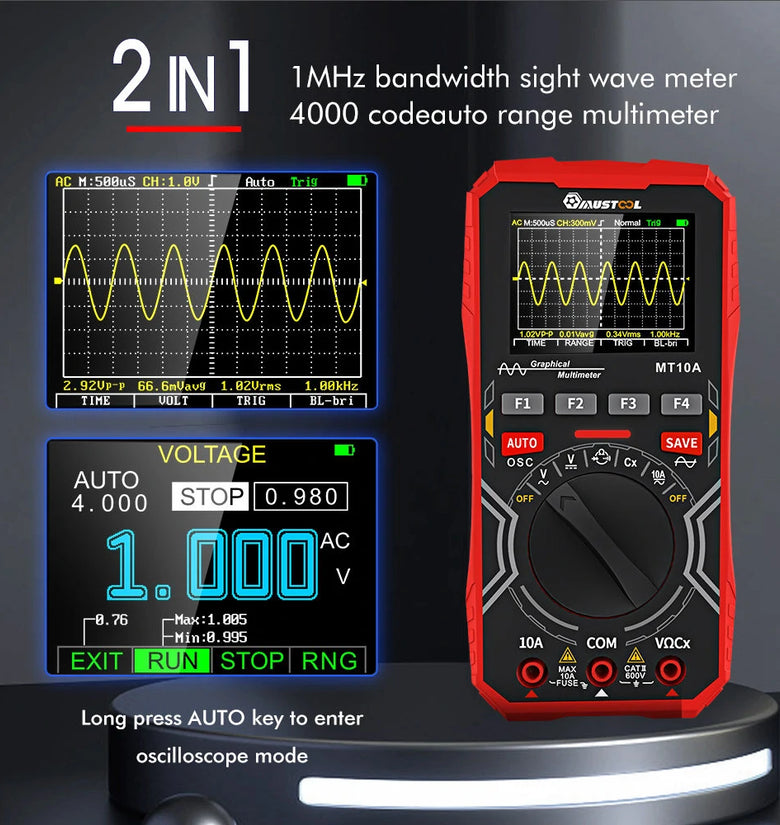 MUSTOOL MT10A Intelligent Graphical Digital Oscilloscope Multimeter 2 in 1 With 2.4 Inches Color Screen 1MHz Bandwidth 2.5Msps Sampling Rate for DIY and Electronic Test