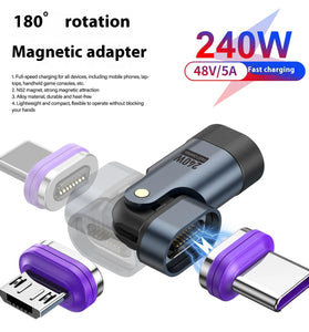 3-in-1 240W PD3.0 Magnetic USB Cable Adapter with Type-C/iP/Micro USB Fast Charging Adapter Converter Head for iPhone 16 15 15 Pro for XIAOMI for HUAWEI
