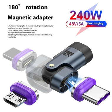 3-in-1 240W PD3.0 Magnetic USB Cable Adapter with Type-C/iP/Micro USB Fast Charging Adapter Converter Head for iPhone 16 15 15 Pro for XIAOMI for HUAWEI