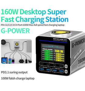G-POWER 160W Nitride Charger GaN Fast Charger 8-Port PD3.1 QC USB-C USB-A Charging Station with 15W Wireless Charge Metal Body