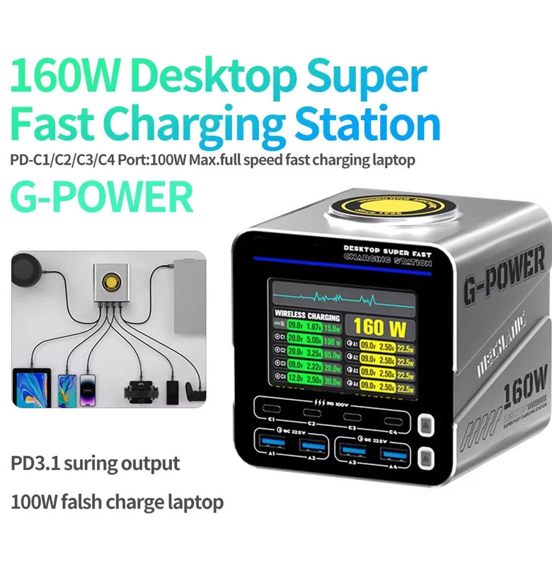 G-POWER 160W Nitride Charger GaN Fast Charger 8-Port PD3.1 QC USB-C USB-A Charging Station with 15W Wireless Charge Metal Body