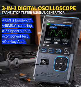 FNIRSI DSO-TC4 3-in-1 Oscilloscope Signal Generator Transistor Tester 48MSa/s 10MHz Bandwidth Portable Design Rechargeable Battery Adjustable Waveforms