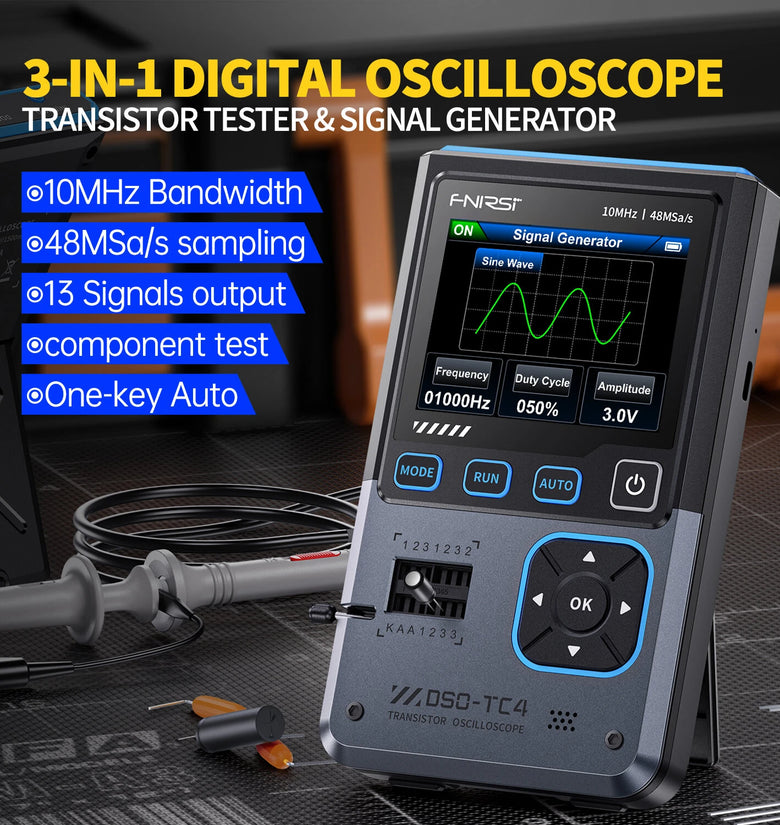 FNIRSI DSO-TC4 3-in-1 Oscilloscope Signal Generator Transistor Tester 48MSa/s 10MHz Bandwidth Portable Design Rechargeable Battery Adjustable Waveforms
