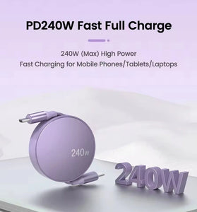 PD240W USB-C to USB-C Retractable Cable Fast Charging Data Transmission Thick Copper Core Line 12CM-100CM Long for iPhone 16 16 Plus 15 15 Pro for Huawei Mate XT for Xiaomi 15pro for Samsung Galaxy Z Flip6