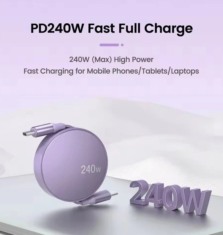 PD240W USB-C to USB-C Retractable Cable Fast Charging Data Transmission Thick Copper Core Line 12CM-100CM Long for iPhone 16 16 Plus 15 15 Pro for Huawei Mate XT for Xiaomi 15pro for Samsung Galaxy Z Flip6
