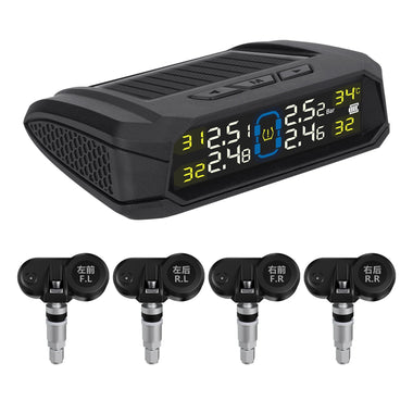 Solar-Powered Wireless TPMS 433.92MHz LED Display Car Tire Pressure Monitoring System with 4 Sensors Real-time Monitoring