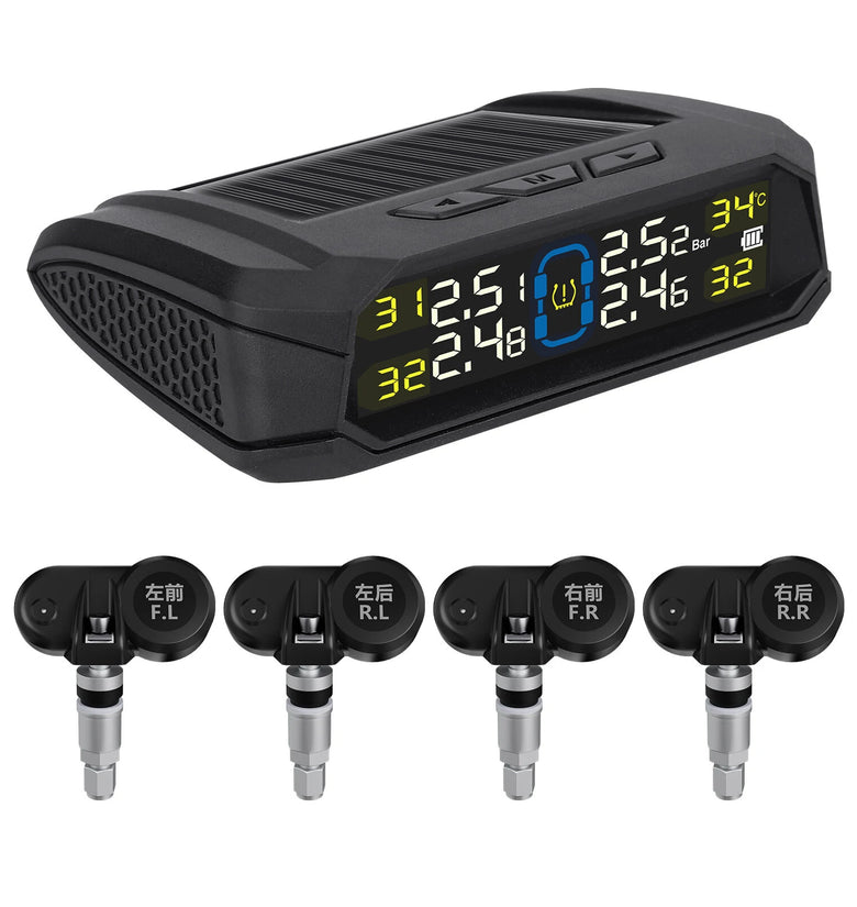 Solar-Powered Wireless TPMS 433.92MHz LED Display Car Tire Pressure Monitoring System with 4 Sensors Real-time Monitoring